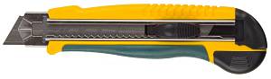 Нож с сегментирован лезвием, KRAFTOOL 09197, двухкомпонент корпус, автостоп, допфиксатор, кассета на 5 лезвий, 25 мм